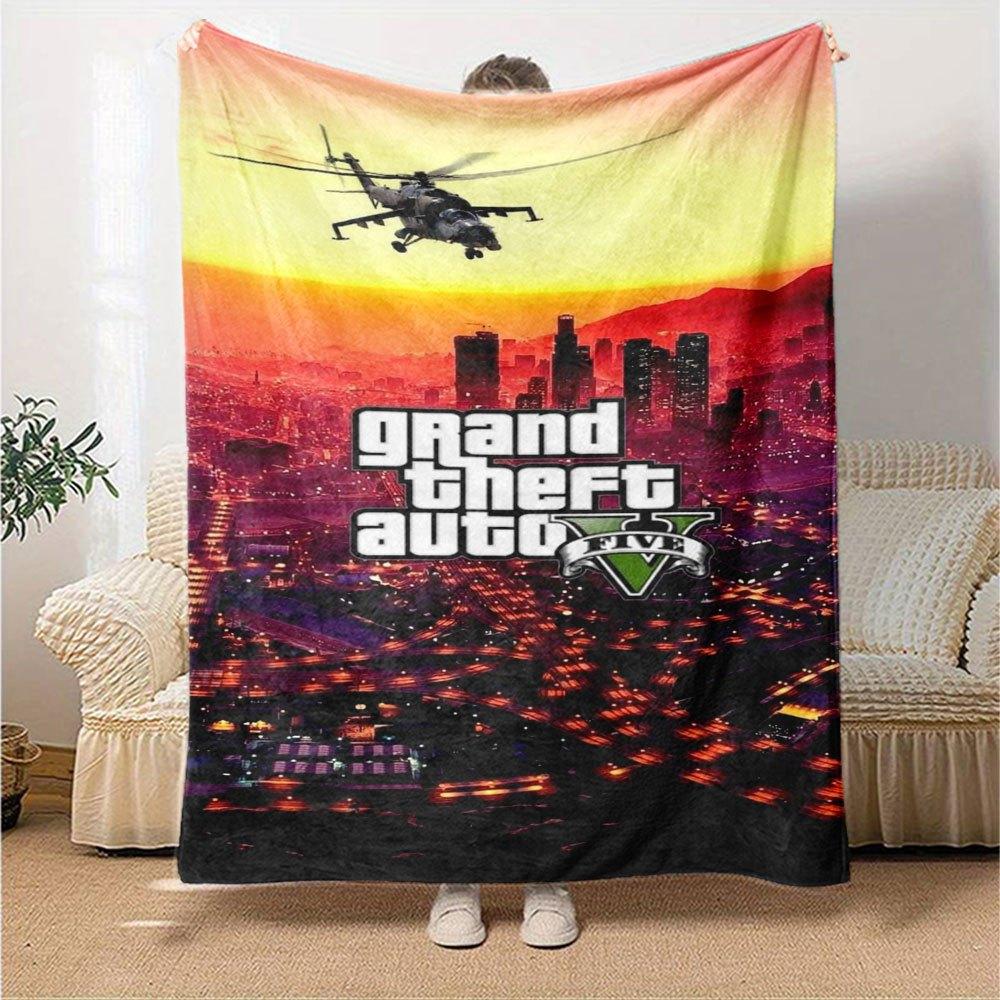 1 шт. Мягкое фланелевое одеяло Grand Theft Auto с дизайнерским принтом. Уютное одеяло для всех сезонов, идеально подходит для дивана, кровати, офиса