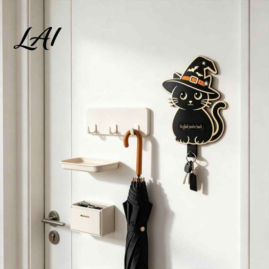 Creative Key Organizer Witch Cat Wall Hook Weight-sensitive Design Self Adhesive Whimsical Hook Holder Decorative Vertical Storage for Entryway