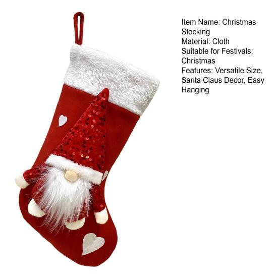 Christmas Stocking Sequins Satan Claus Heart Decor Hanging Stocking with Lanyard Xmas Party Decorative Bag