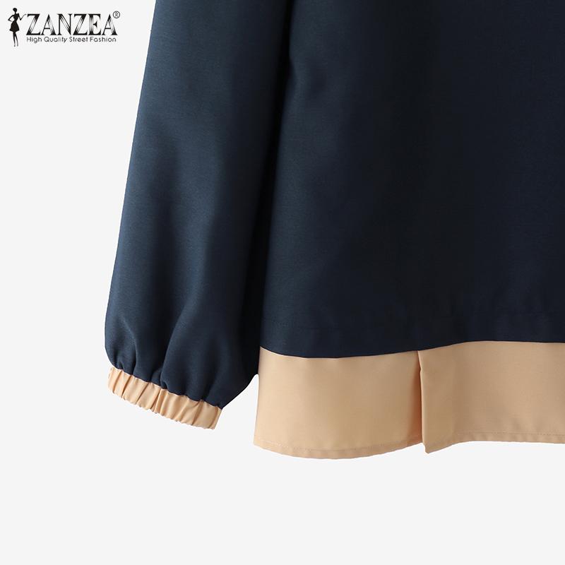 ZANZEA Женские осенние блузки с круглым вырезом и длинными рукавами в стиле колор-блок