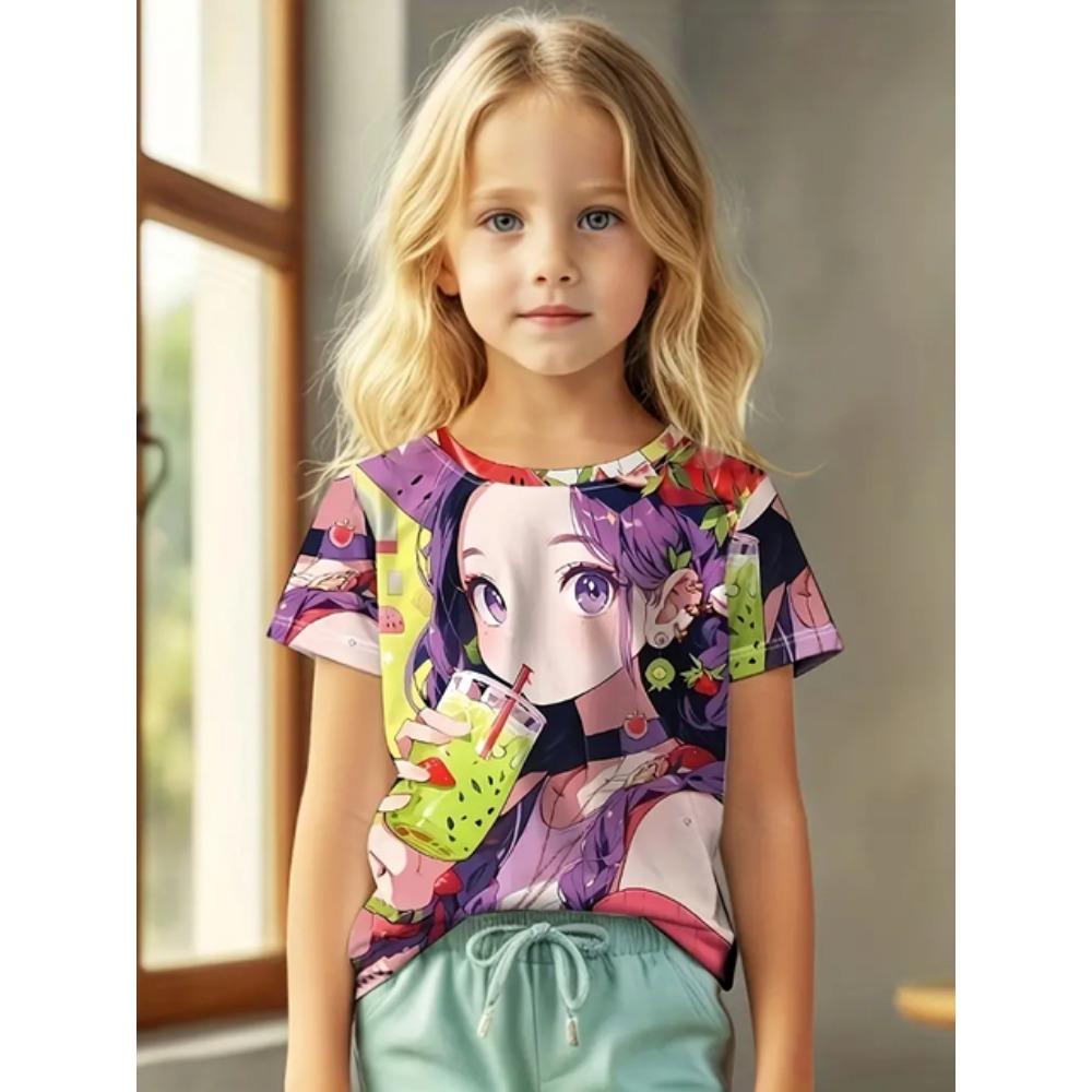 Одежда для девочек Футболки для девочек Топы с коротким рукавом Детская летняя одежда Мультяшные аниме-принты Детская одежда с круглым вырезом