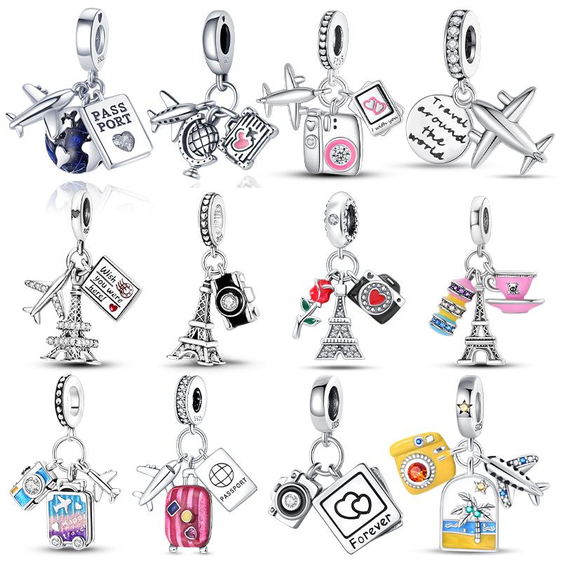 Медь Путешествия Самолет Камера Чемодан Башня Подвеска Подходит Pandach Оригинальные DIY Браслеты Шарм Бусины Подарки на День рождения Ювелирные изделия