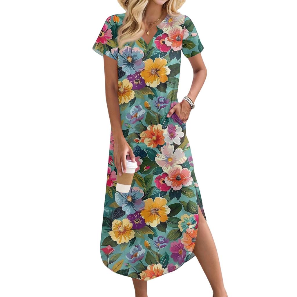 Women's Casual Comfortable V Neck Loose Hem Split Vacation Short Sleeve Floral Long Dresses