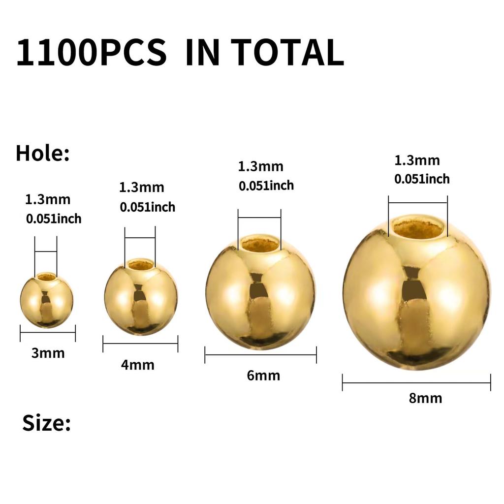 Gold Beads: 1100 Pieces 3/4/6/8 mm Durable Fade-Resistant Spacer Beads - Smooth Shiny Gold-Plated Surface for Jewelry Making - DIY Crafters or Profes