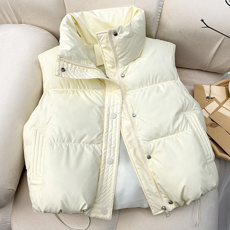 Women Warm Casual Solid Sleeveless Vest Coat Mock Neck Thicken Jacket Buttons Up Loose Women Down Jacket Autumn Winter