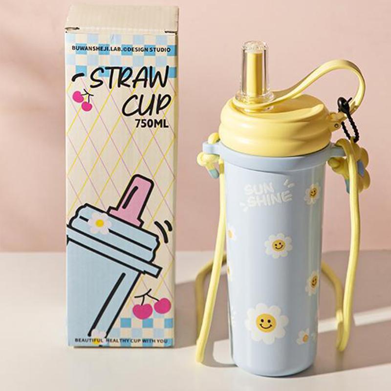 750ML Straw Thermal Cup Stainless Steel Vacuum Flask Insulated Water Bottle with Lifting Rope And Strap for Cold Hot Beverages