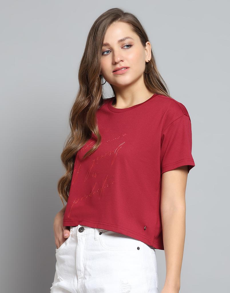 MONTE CARLO Женский топ с принтом бордового цвета с круглым вырезом и рукавом до локтя