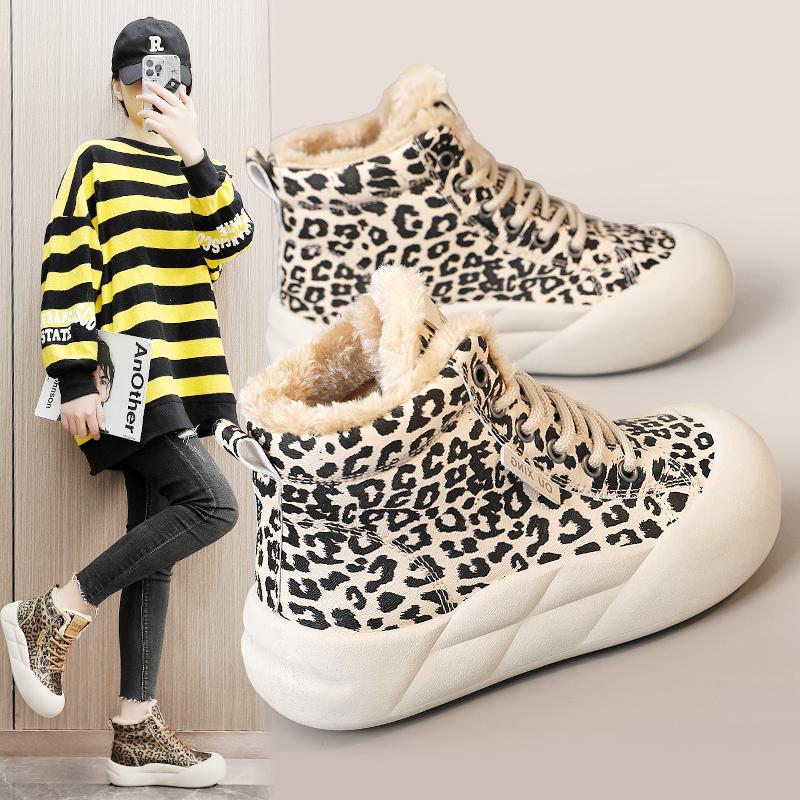TUINANLE Winter Plush Casual Platform Shoes Woman Sneakers Slip On Shoes Women Flock Leopard Print Chunky Sneakers