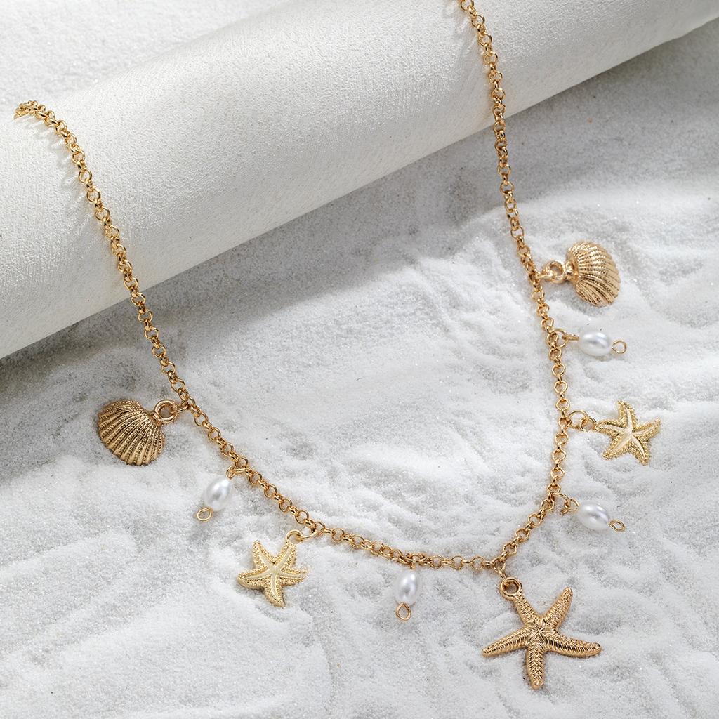 Bohemian Starfish Conch Scallop Pendant Necklace for Women Summer Beach Vacation Gold Color Collarbone Necklace Party Jewelry