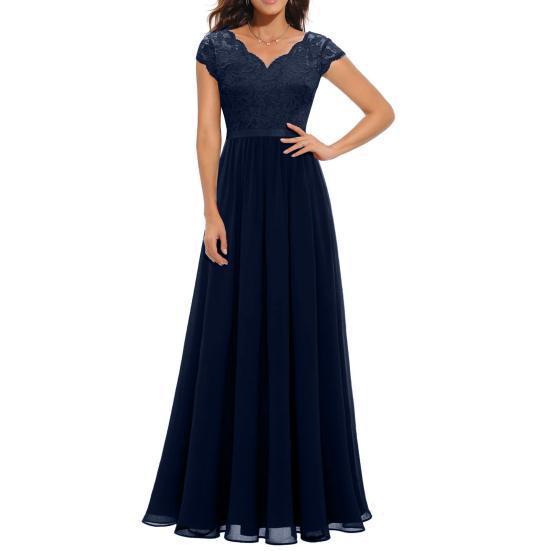 Women's Lace V-Neck Evening Dress Long A-Line Chiffon Bridesmaid Dress Mother of The Bride Wedding Guest Maxi Dress for Party Prom