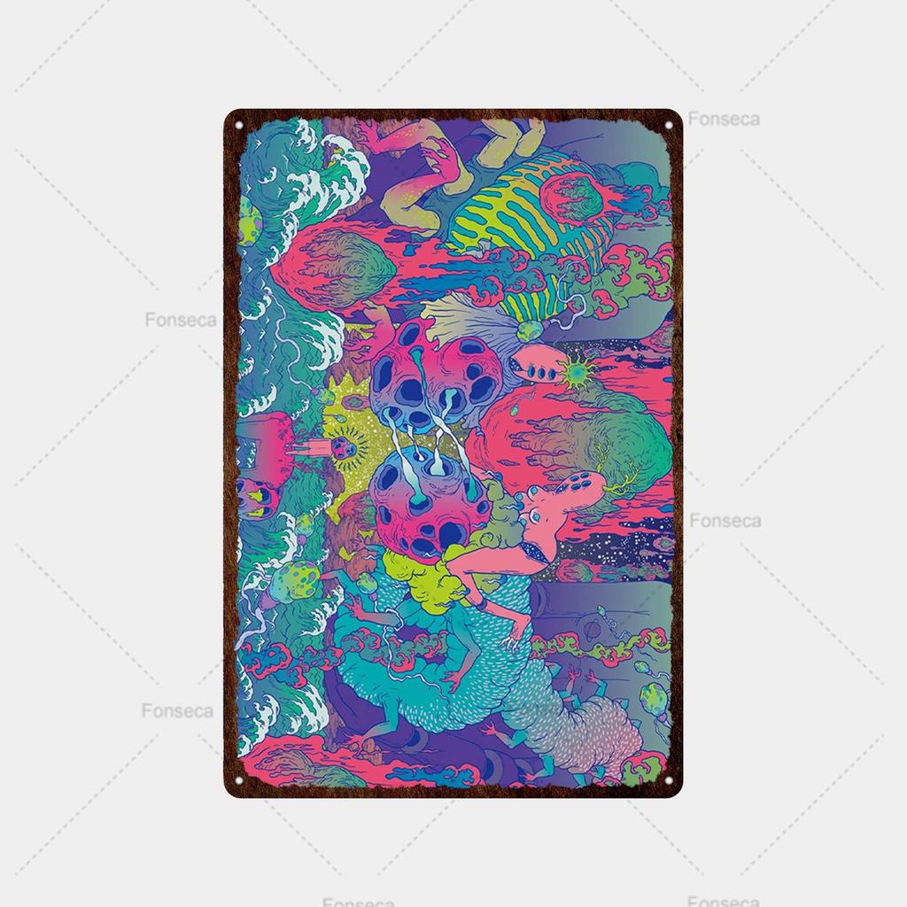 Цветная странная планета, металлическая вывеска, ретро жестяная вывеска, металлический ретро-бар, ретро украшение стены, бар, клуб, человек, отверстие, металлический плакат