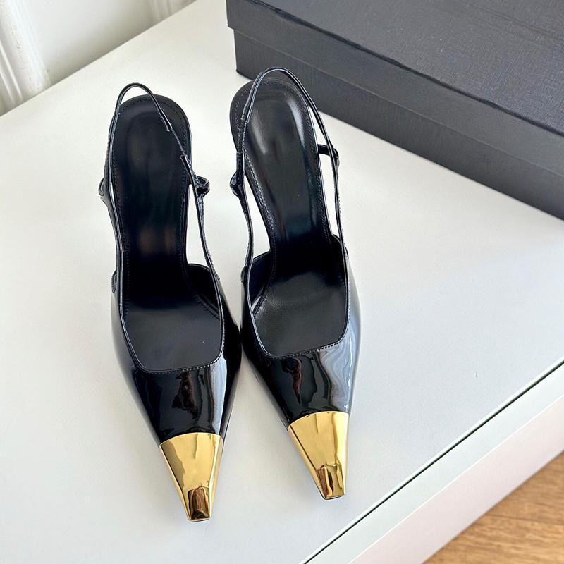 Fashion New Patchwork Gold Black Sandals Metal Square Toe Stiletto High Heels Slingback Sexy Spring Summer Women Pumps 2024 New Trend