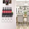 Black Wall Mounted Wine Rack Bottle Store Champagne Shelf With 4 Built-in Wine Glass Holders And Extra Cork Tray 45x13x22cm