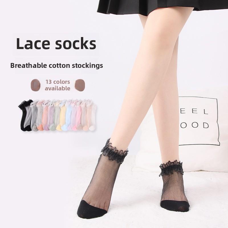 Короткие кружевные носки из дышащего хлопка с дизайном из хрустального стекла - 13 цветов для весны/лета