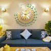 15in Silent Metal Crystal 3D Peacock Wall Clock for Living Room Decor Modern Art