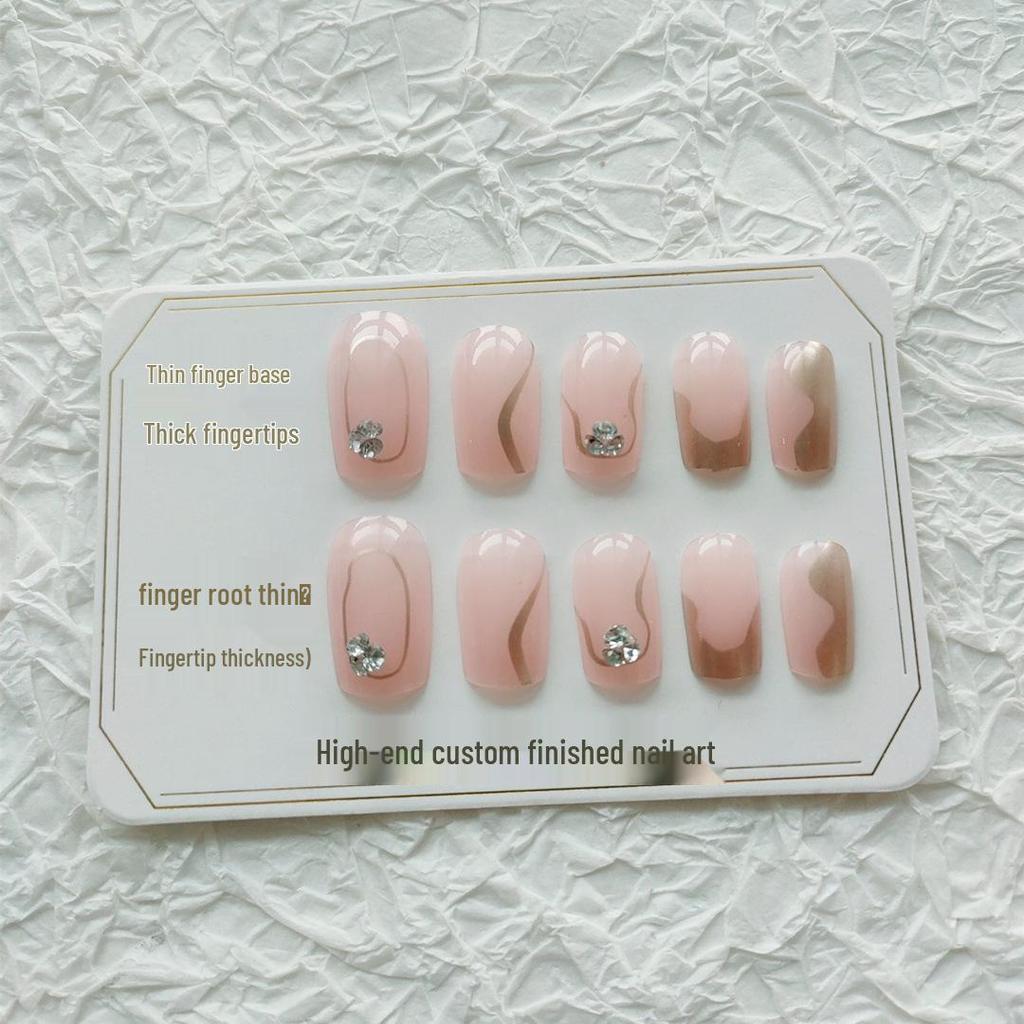 Gold Line Rhinestone Nude Medium-Length Removable Nail Patches