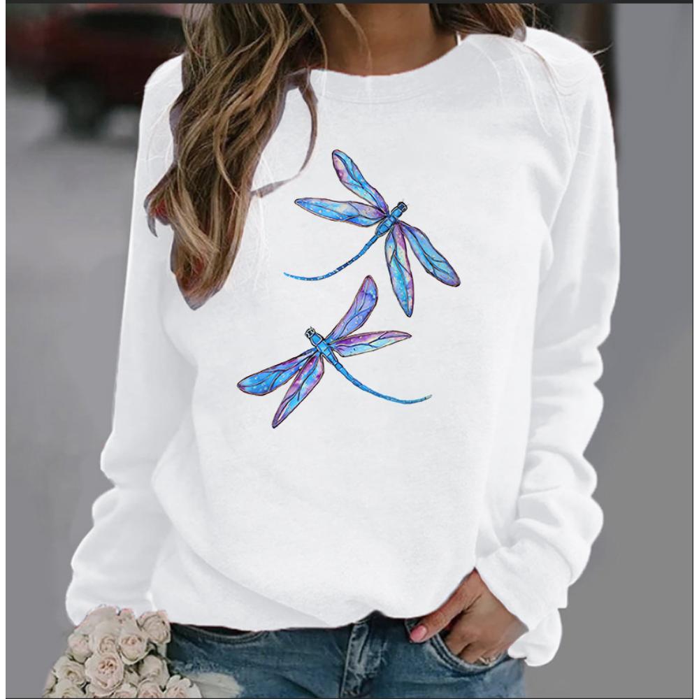 Новая женская толстовка с капюшоном European Dazzle Dragonfly Printed Crew-neck Hoodie Sweatshirt Streetwear Women Aesthetic
