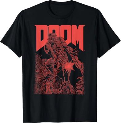 Doom Красная Набросочная Обложка Ретро Видеоигра 100% Хлопок Футболка Мужские Футболки Топ