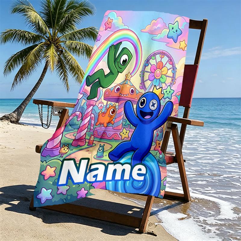 Custom Name Personalized Game Rainbow Friends Print Beach Towel, for Trip Camping Beach Party Home Decor, Birthday Gift for Family & Friends