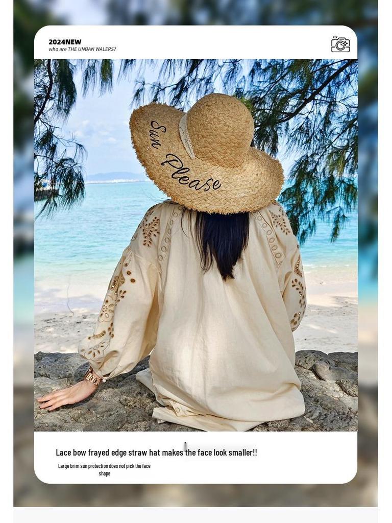 Women's Straw Beach Hat with Frayed Edge and Raffia Tie - Versatile Wide Brim Sun Hat for Summer Seaside Vacations