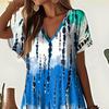 Women Summer Dress V-Neck Short Sleeve Side Slit Design Maxi Dress Tie Dye Print