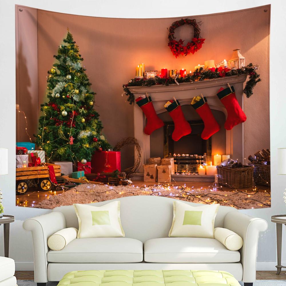 С Рождеством Гобелен Снежинки Санта-Клаус Зимняя ночь Рождественская елка Настенный камин Подарок Новогодние украшения для дома