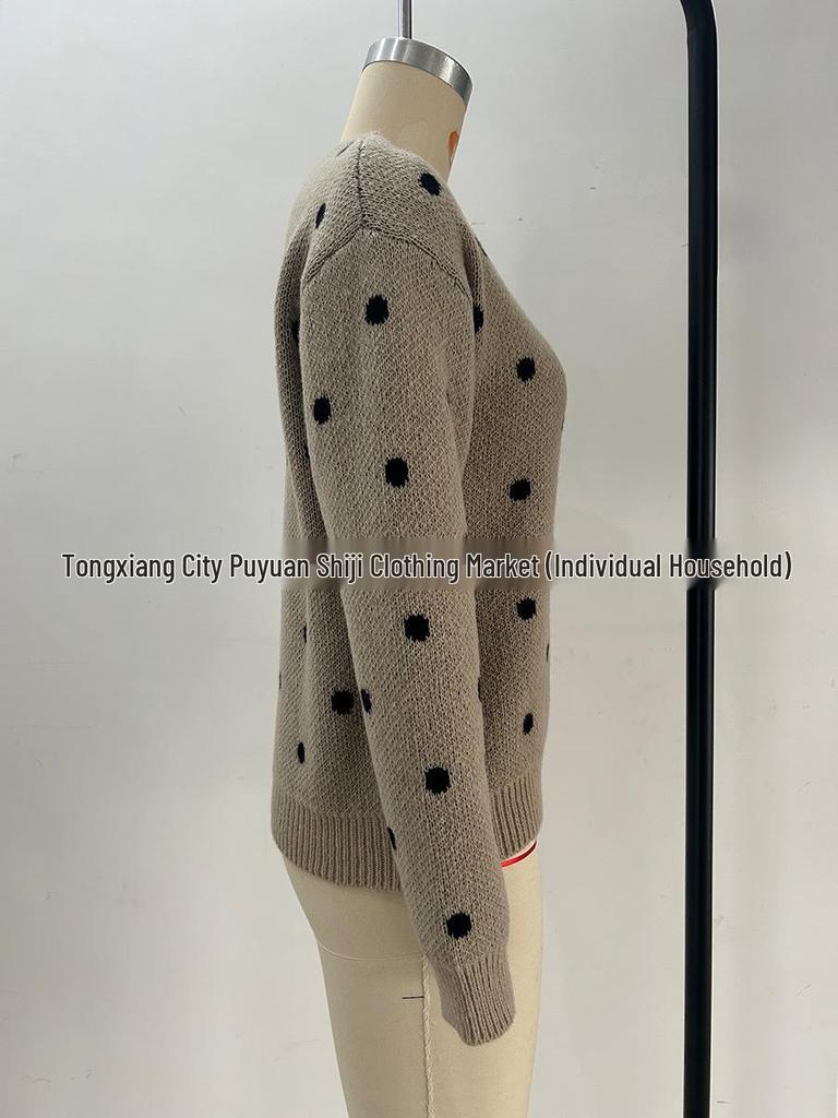 Women's European & American Fashion Polka Dot Jacquard Knit Sweater - Round Neck, Long Sleeve Pullover.