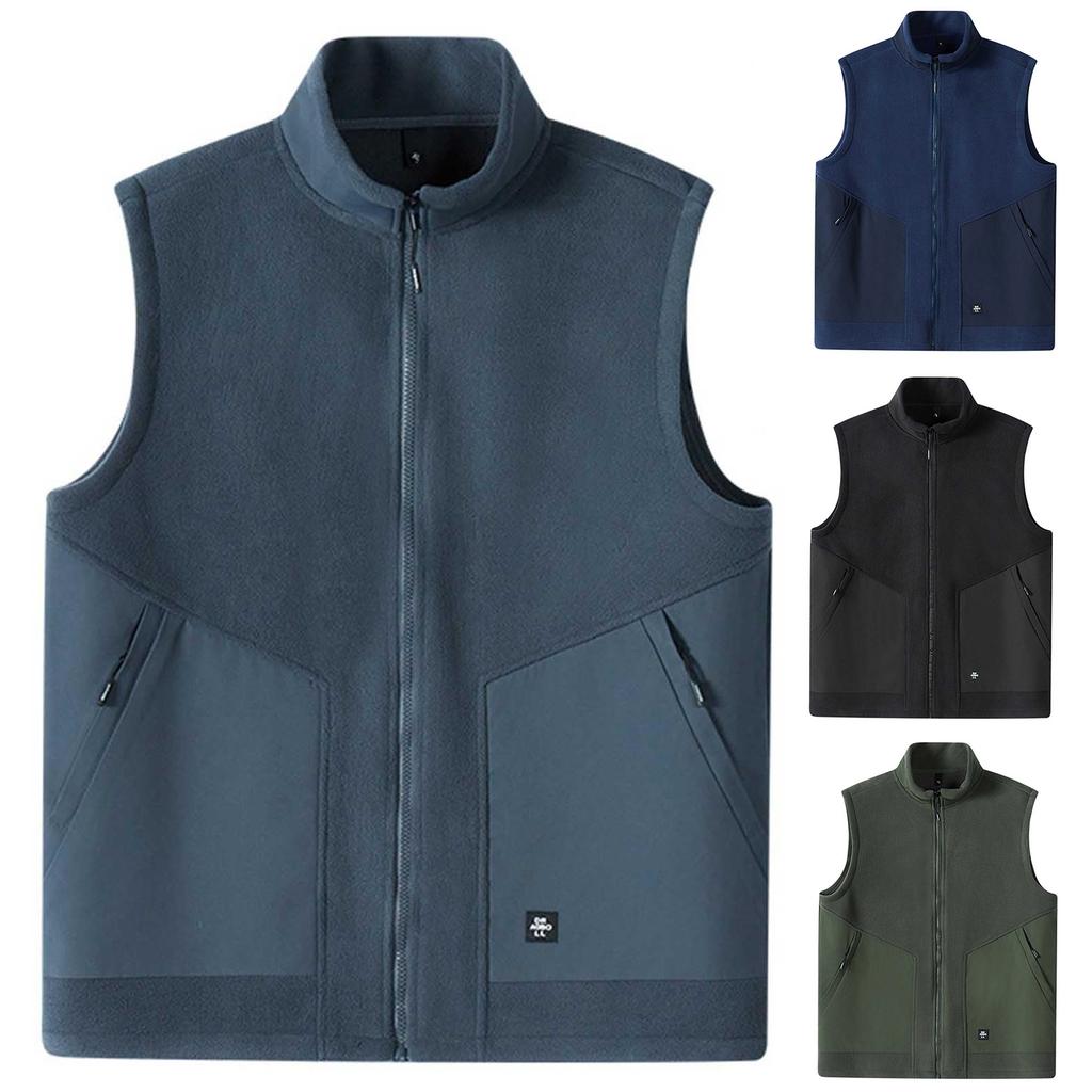 Men's Casual Fleece Solid Color Zipper Vest, Men's Stand-up Collar Zipper Pocket Fleece Vest Jacket