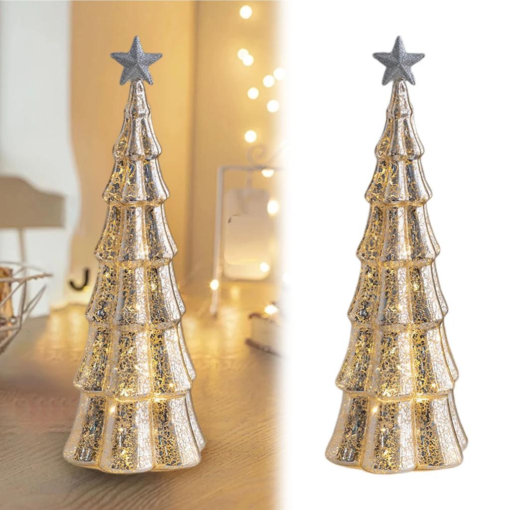 Светящаяся стеклянная рождественская елка, фигурка елки из потрескавшегося стекла с подсветкой для праздничного украшения центра стола