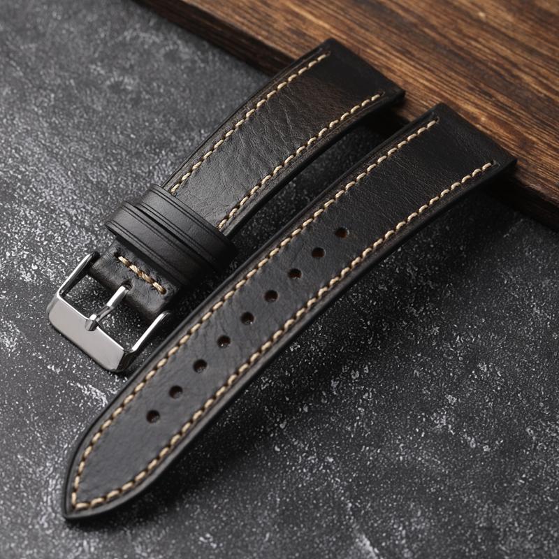 For Handmade First Layer Cowhide Leather Watchband 18 19 20 22 24MM Glossy Oil Wax Leather Blue Brown Men Watch Bracelet Vintage
