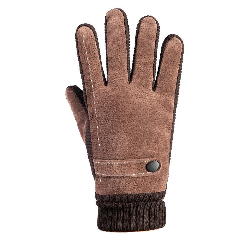 Warm Leather Gloves Knitted Splicing Pigskin Thickened and Velvet Outdoor Cycling Cold-proof Men's Autumn and Winter Touch Screen Gloves