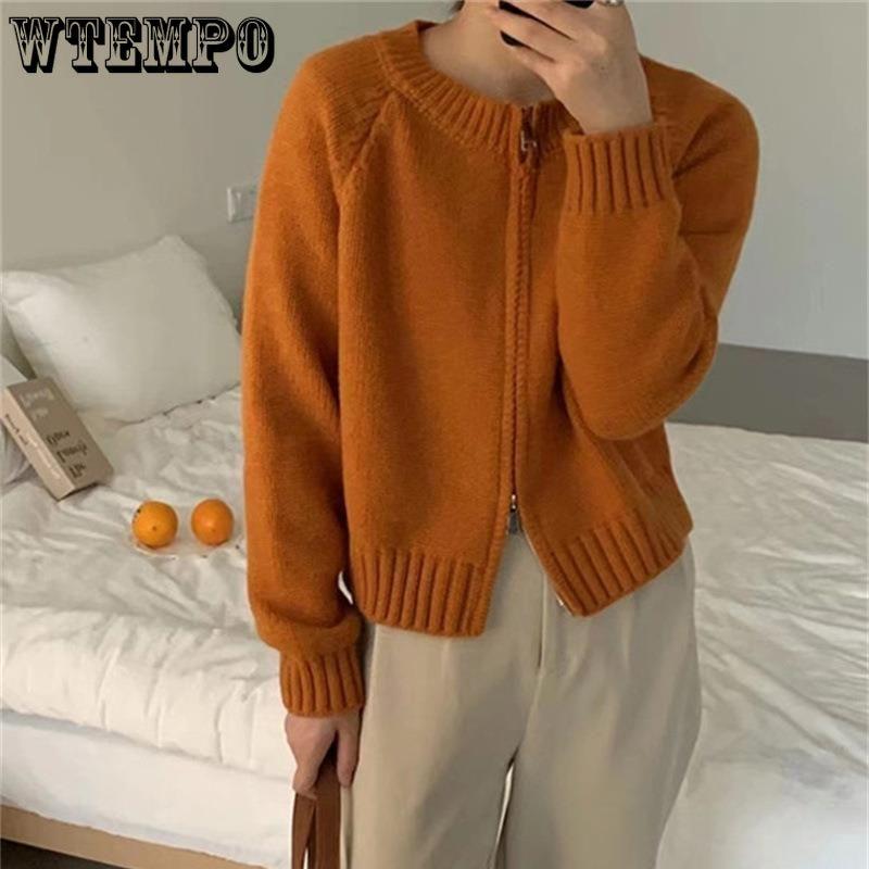 Korean Style Short Solid Color Knitted Sweater for Women New Double Zipper Knitted Cardigan Top