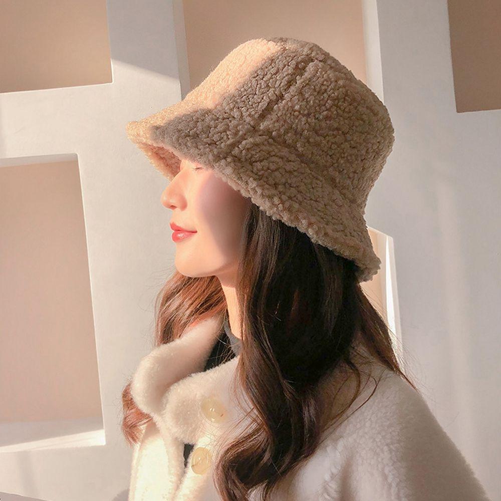 Winter Lamb Plush Sun Protection Pure Color Caps Lambwool Bucket Hat Korean Style Caps Female Hats