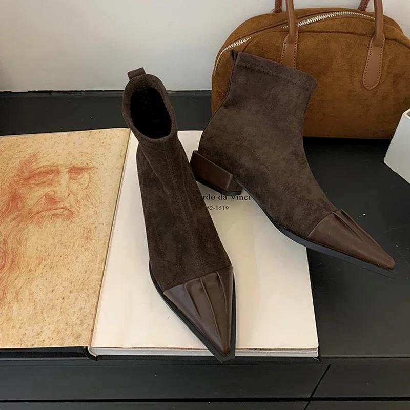 2025 Весна Осень Женские Ботильоны Мода Острый Носок Короткие Ботильоны Дизайнерские Туфли на Низком Каблуке Botas Mujer