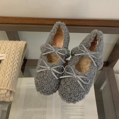 Осень-зима 2025 новая модель с круглым носком, из овечьей шерсти, с надписью и бантом, на скрытой танкетке, универсальные женские хлопковые туфли