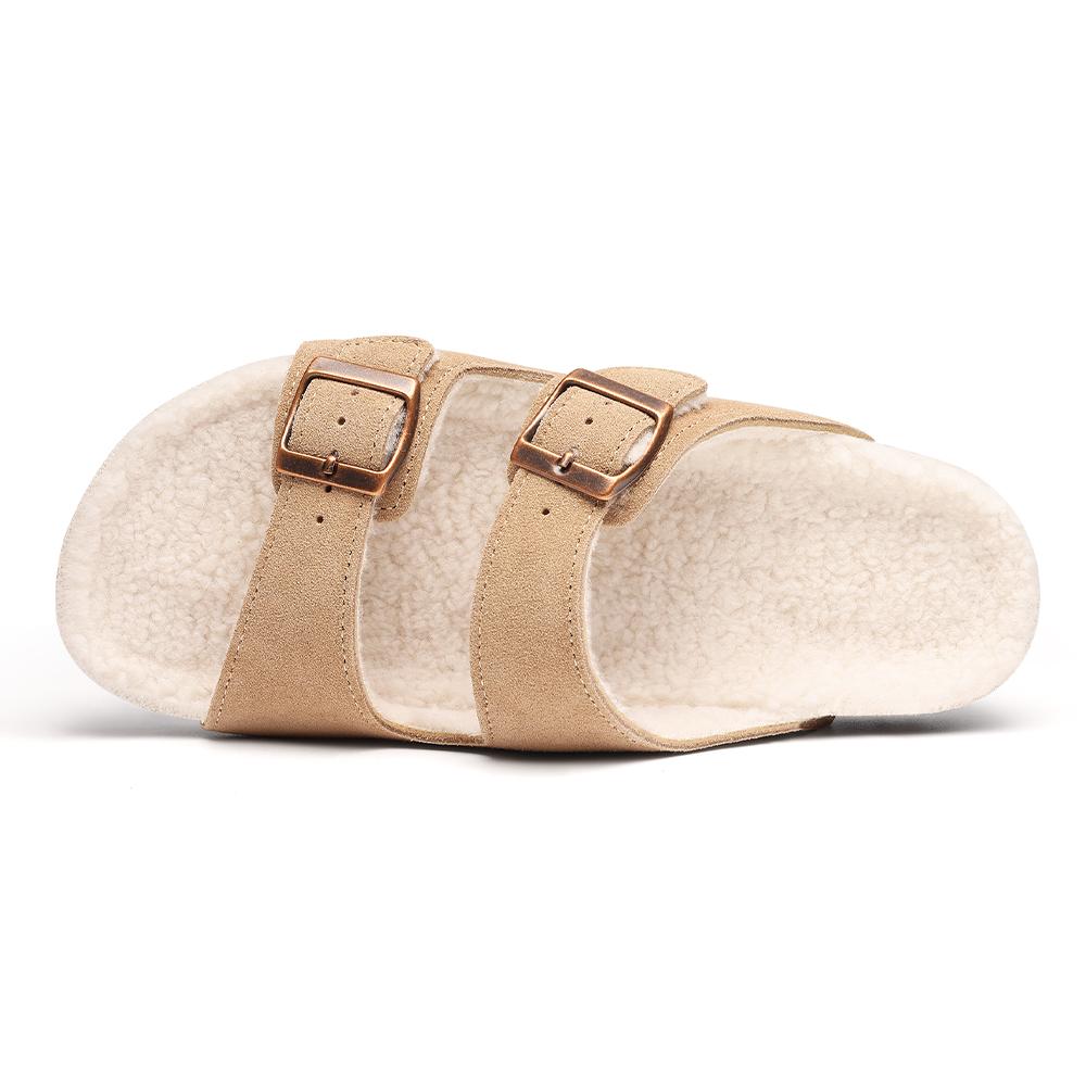 Fashion Litfun New Women's Winter Slippers Thick Sole Cork Footed Ladies Slides Fur Lining Warm Sandals With Adjustable Double Buckle