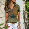 Bohemian Vintage Printed Women Short Sleeve Loose Zipper Neck T-shirt