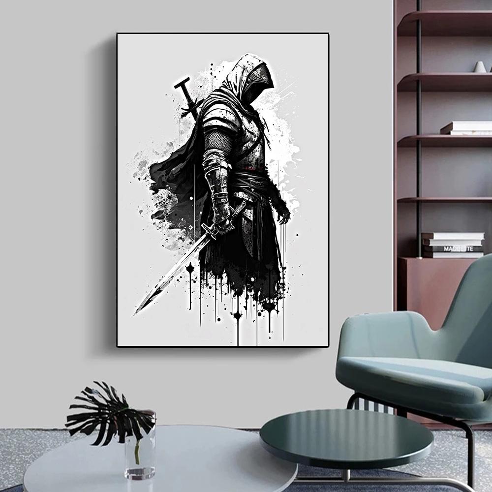 Винтажный абстрактный минималистичный рыцарь-убийца, чернильная стирка, художественная картина на холсте, настенный постер, принты, фотографии для гостиной, спальни, декор
