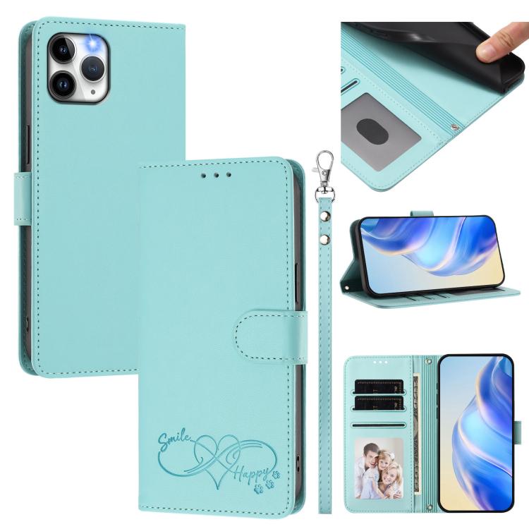 Happy Heart Pattern Magnetic Closure Vegan Leather Phone Case With Wrist Strap For iPhone Shockproof Protective Cover