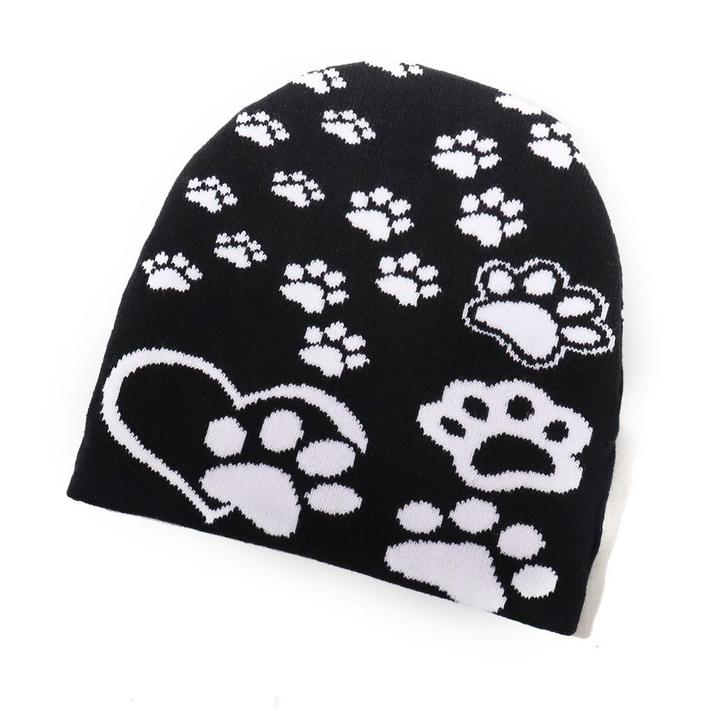 Acrylic Knit Hat With Paw Print Design For Casual Winter Wear And Outdoor Sports