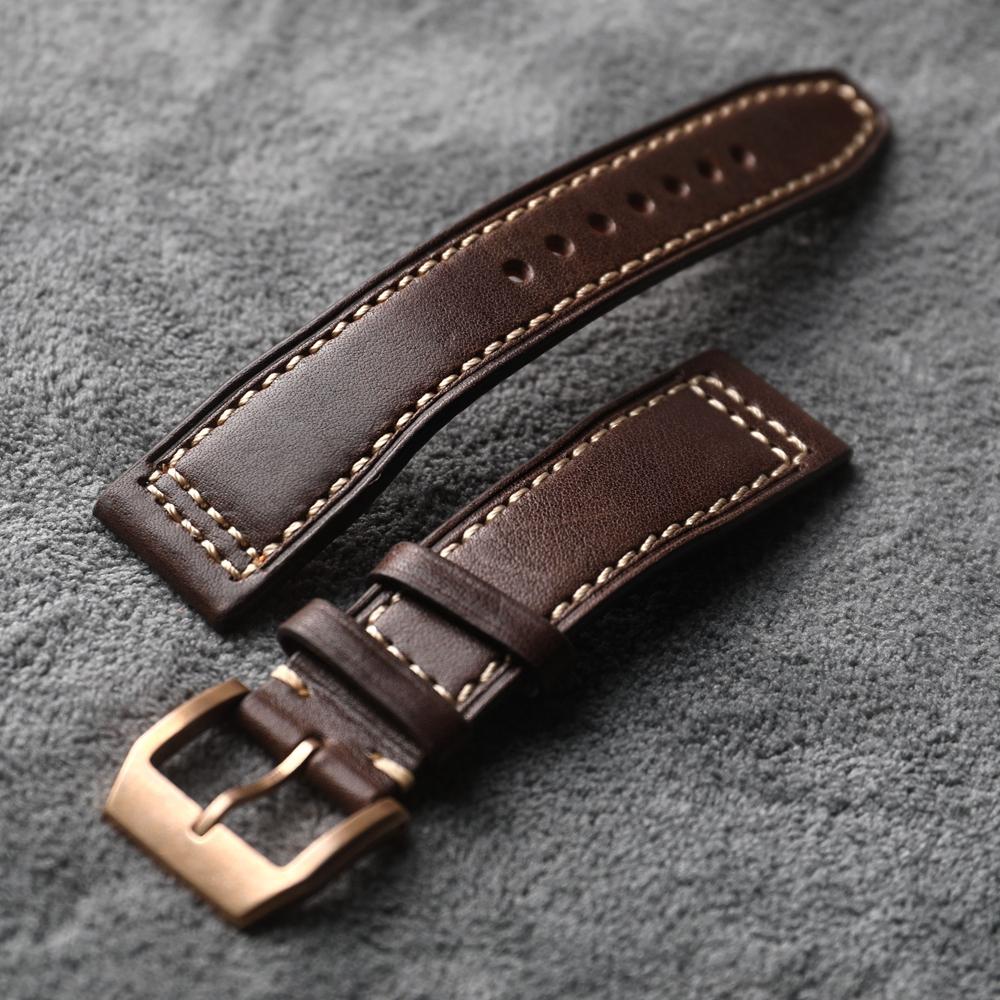 Classic High-End Head-Layer Cowhide Leather Strap Bronze Watch Clasp, 20MM 21MM 22MM, Soft Men's Vintage Leather Bracelet  For Bronze