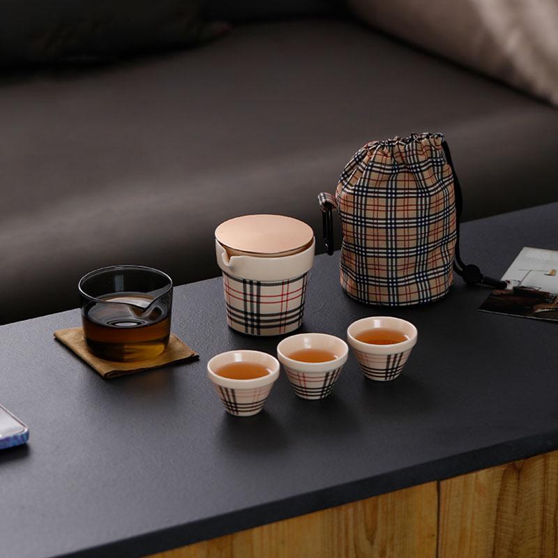 LV Grid Ceramic Travel Kung Fu Tea Set with Portable Bag - One Pot, Three Cups