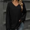 Women's Fashion Casual Spring Fall Solid Color Print Long Sleeve V-Neck Blouses & Shirts