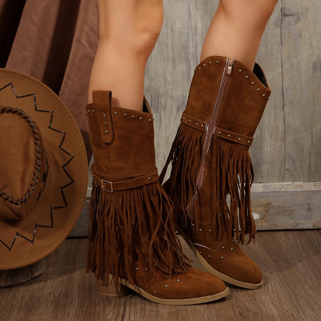 Women's Shoes Side Zipper Women's Boots Fashion Tassel Solid Women Shoes New Rivet Belt Buckle Retro Chunky Heel Mid-Calf Botas