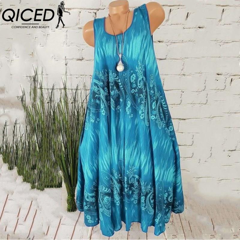 QICED Летнее платье без рукавов с цветочным принтом и круглым вырезом - Легкое и струящееся для повседневной носки и пляжа