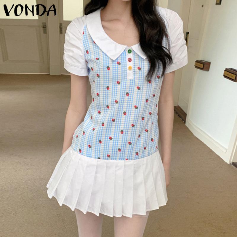 VONDA Women Lapel Neck Short Sleeve Plaid Print Patchwork Ruffled Mini Dress