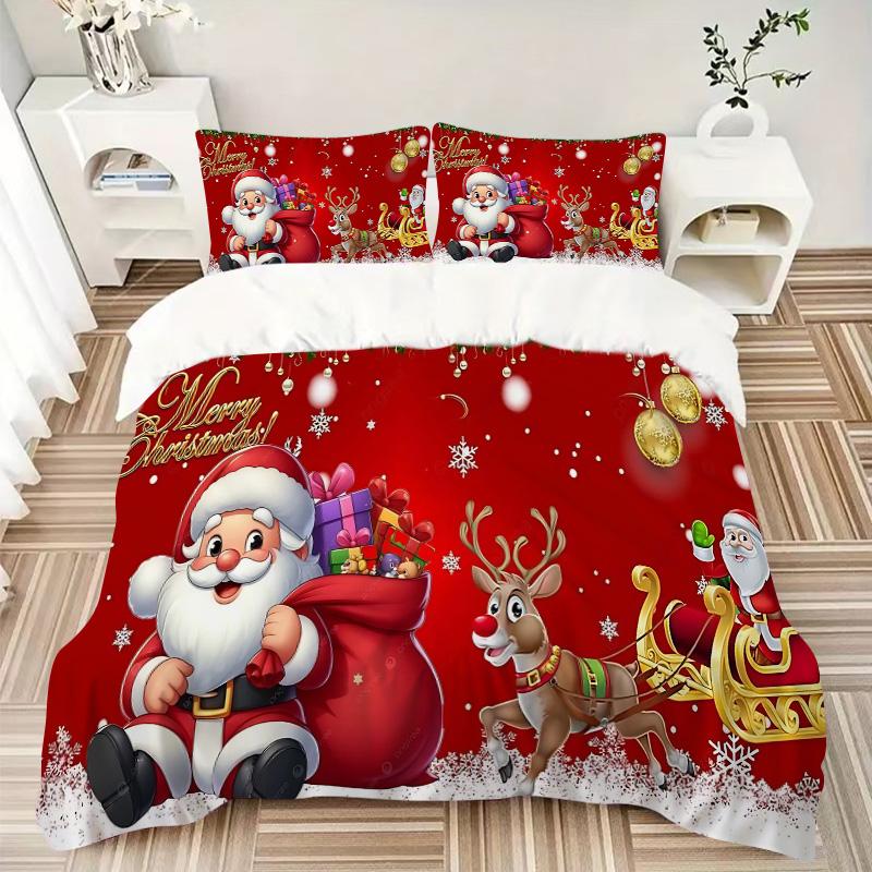 Christmas Santa Claus Reindeer Print 3Pcs Bedding Setduvet Cover With 2 Bedropillowcase Home Birthday Gift
