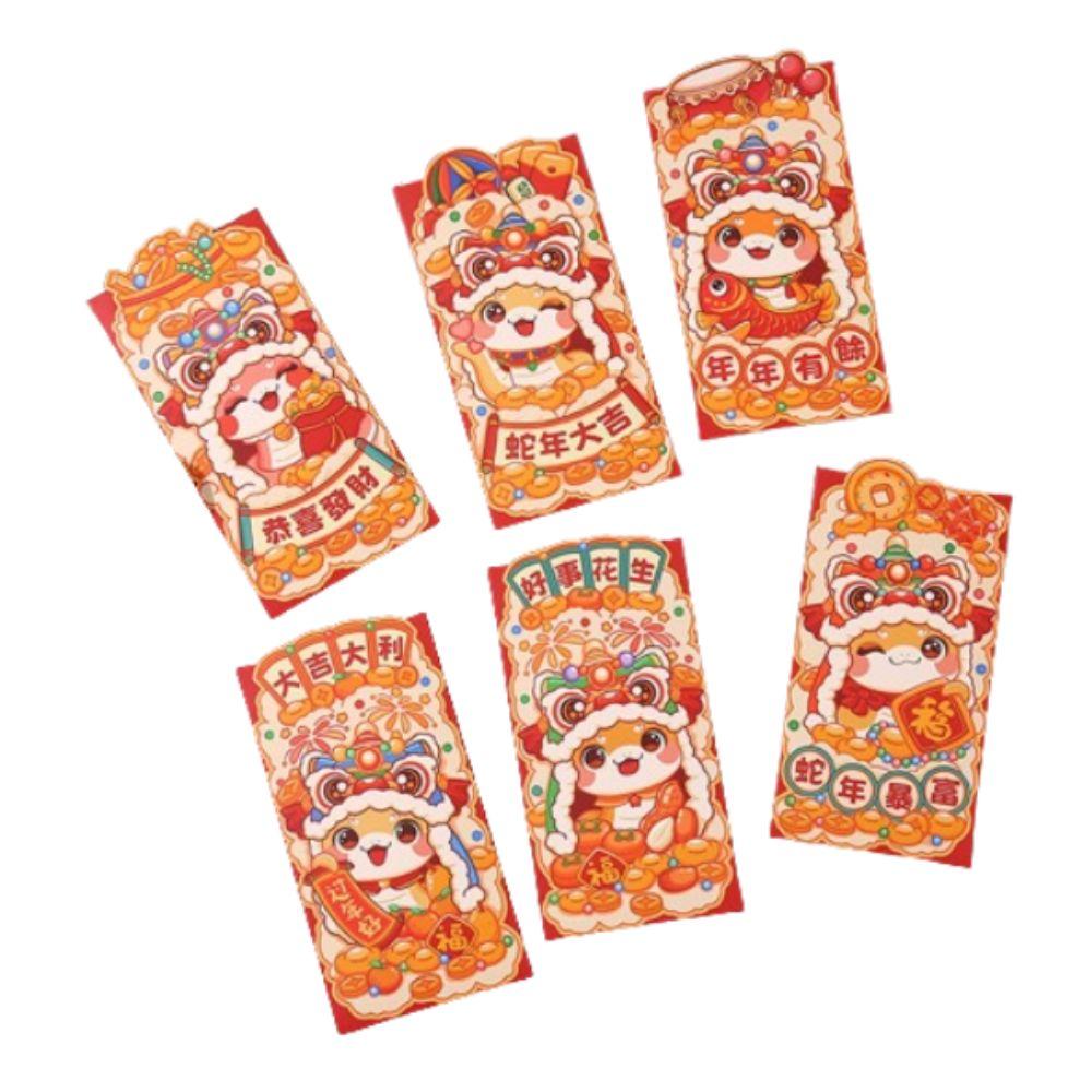 6pcs Traditional 2025 Snake Year Red Envelopes Cartoon Lucky Money Bag Graduation