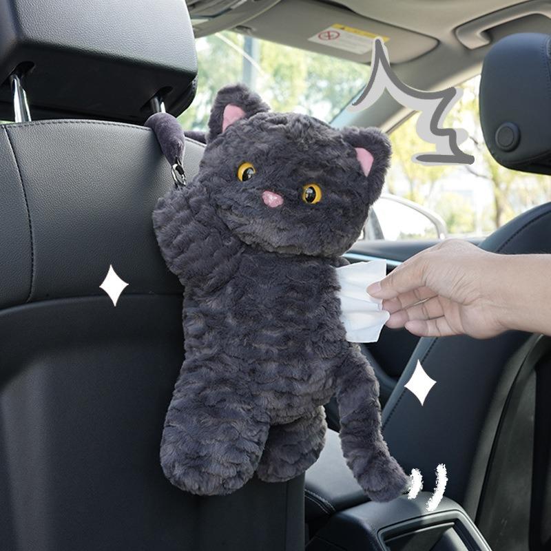 Cartoon Cat Plush Hanging Car Tissue Box For Car Backseat