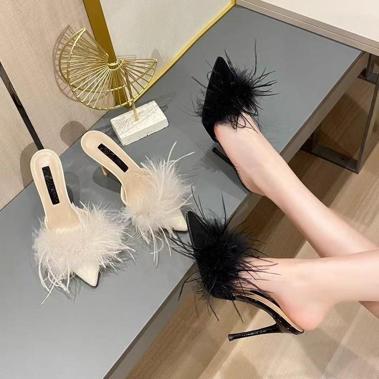 Fashion Mao Mao Cool Slippers Women's Spring and Summer 2025 New Bag Head Pointed Head Thin Heel High Heel Net Red Wear Half Slippers